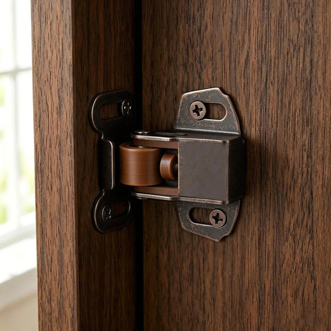 10 Pack Heavy Duty Roller Catch Cabinet Door Latch Set With Spring Loaded Mechanism installed on wood, close-up view.
