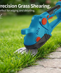 Top Tier Cordless Hedge Trimmer With Badass Dual Blade Setup And 21V Fast Charging Batteries For No Sweat Lawn Grooming And Heavy Duty Shrub Trimming Jobs in action cutting grass.