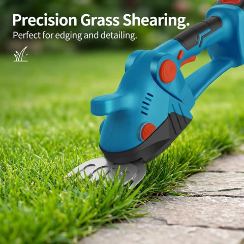 Top Tier Cordless Hedge Trimmer With Badass Dual Blade Setup And 21V Fast Charging Batteries For No Sweat Lawn Grooming And Heavy Duty Shrub Trimming Jobs in action cutting grass.