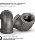 6 Inch 90 Degree Malleable Iron Elbow Fitting With Female Threads Black Finish For High Pressure Systems 150 Lb Rated Rugged Industrial Pipe Connector For Severe Service, showing threaded and smooth sections