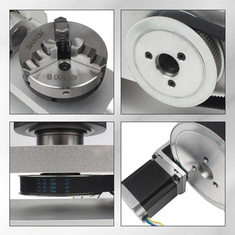 Rock Solid Cnc 5 Axis Rotary Table With 100mm Three Jaw Chuck and Hella Precise Indexing Head close-up view of chuck and motor.
