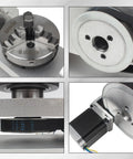 Dead Nuts Precise Cnc Fifth Axis Rotary Table With A And C Axis Indexing Featuring A Badass 100 Mm Three Jaw Chuck close-up of jaw chuck and motor.