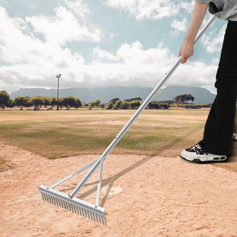 Person using Aluminum Maintenance Rake With 24 Inch Head And 66 To 98 Inch Adjustable Handle Ideal For Baseball Field Garden Lawn And Landscape Cleanup