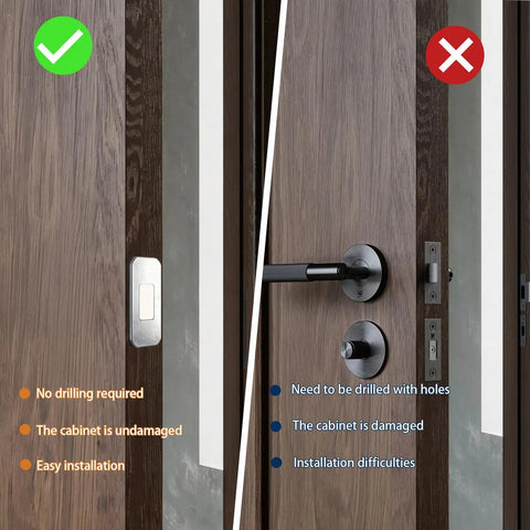 Comparison of installation methods for the Four Pack Magnetic Door Catches No Drill Heavy Duty Hidden Locks Secure Cabinets With Super Strong Adhesive For Quiet Close And Silent Drawer Safety.