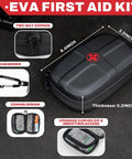 Compact Waterproof First Aid Kit With 130 Piece Emergency Gear For Travel, Hiking, Camping, Car, Home, Dorm, School Or Boat In A Durable EVA Backpack Ready To Go, showing EVA case with dimensions and interior compartments.