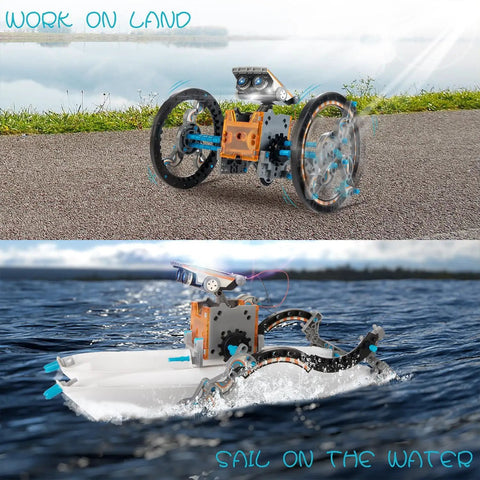 14-In-1 Solar Powered Robot Kit For Kids A Hands On STEM Building Toy With Gears Wheels Shafts And Plates Create 14 Robots From Beginner To Advanced From Wagging Tail Dog To Running Beetle And Walking Crab, robot on land and water