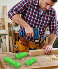Woodworker using drill with green Super Handy Drill Bit Sharpening Guide Jig for Bench Grinders, three angle options visible.