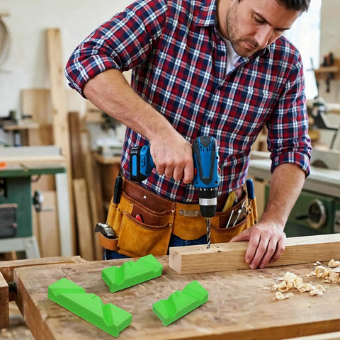 Woodworker using drill with green Super Handy Drill Bit Sharpening Guide Jig for Bench Grinders, three angle options visible.