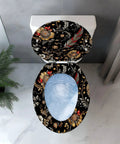 Elongated Toilet Seat Resin for Bathroom with floral design, top view showing dimensions and compatibility for toilets.