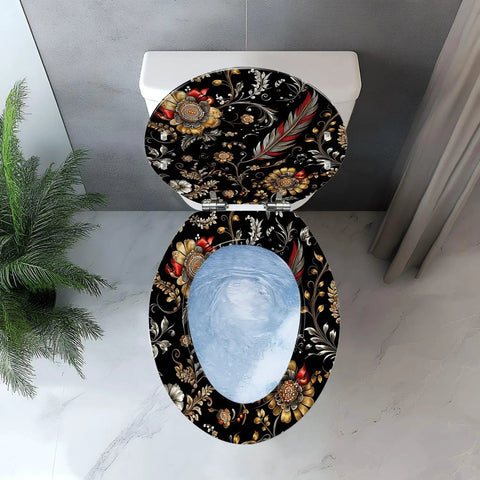 Elongated Toilet Seat Resin for Bathroom with floral design, top view showing dimensions and compatibility for toilets.