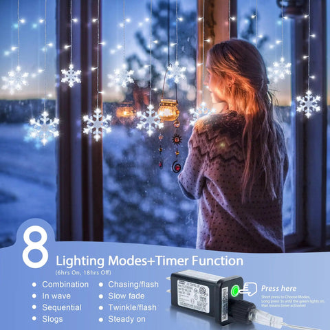 Snowflake Icicle Christmas Lights For Outdoor Decor, 6.5Ft 144LED Curtain String With 12 Drops, 8 Modes, Window Display