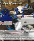 Front view of portable line boring machine with control handle; blue frame, mounted motor, detachable long boring bar.