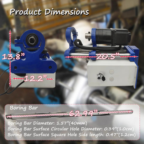 Front view of portable line boring machine with control handle; blue frame, mounted motor, detachable long boring bar.