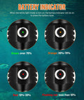 Battery indicator for Two In One Scuba Diving Light With 1500 Lumen White Beam And Green Signal For Night Dives, showing status colors.