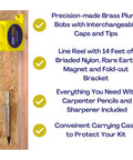 Pro Grade Plumb Bob Kit With 16 Oz And 8 Oz Brass Plumbs, 14 Ft Retractable Line Reel Magnetic Base description
