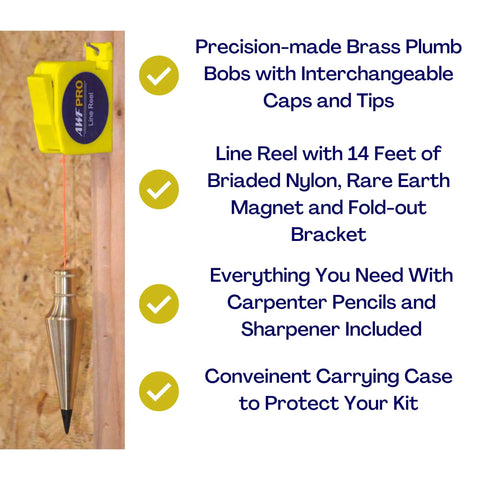 Pro Grade Plumb Bob Kit With 16 Oz And 8 Oz Brass Plumbs, 14 Ft Retractable Line Reel Magnetic Base description