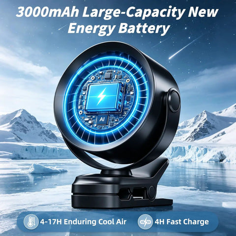Portable Clip On Fan With Rechargeable USB Power Turbo Airflow 100 Stepless Speeds LED Display 3000mAh battery.