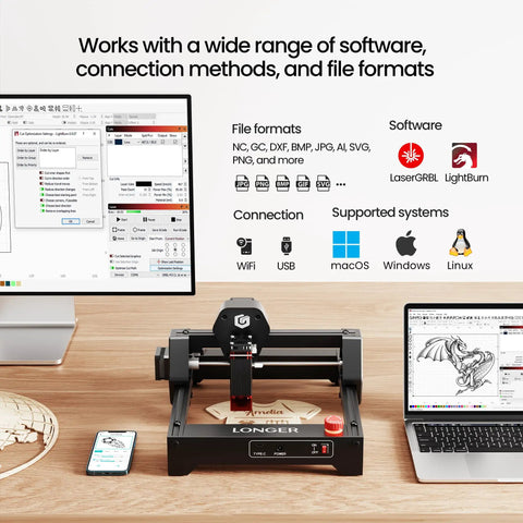 3500mW Desktop Laser Engraver With Ultra Fine 0.04x0.04mm Spot connected to software on various devices