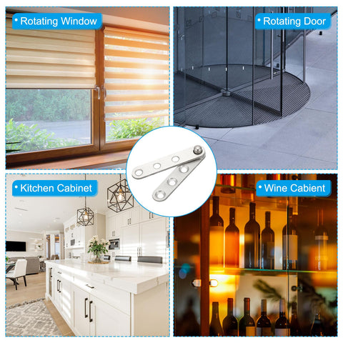 Hidden Door Pivot Hinges 2 Pack 360 Degree Rotation Up Down Shaft Hardware For Secret Doors And Bookcases Sleek Silver Tone Finish Heavy Duty Easy Install PATIKIL shown in various applications including windows, doors, cabinets, and kitchen use.