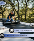 Top Shelf 45 Mil EPDM Rubber Roofing Membrane 5 Ft By 45 Ft Heavy Duty Waterproof Roll For Flat Roofs And Sheds being applied to an RV roof.