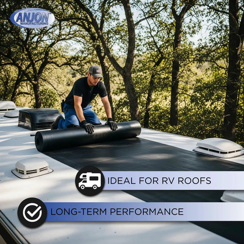 Top Shelf 45 Mil EPDM Rubber Roofing Membrane 5 Ft By 45 Ft Heavy Duty Waterproof Roll For Flat Roofs And Sheds being applied to an RV roof.