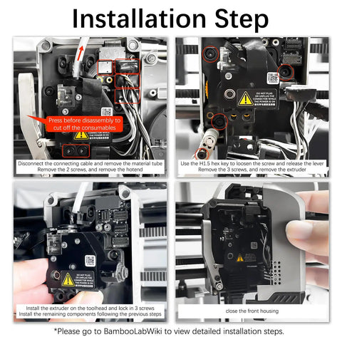 Installation step for Stainless Steel P1 Extruder Unit Upgrade With Dual Gears For P1P And P1S 3D Printers, boosted extrusion force