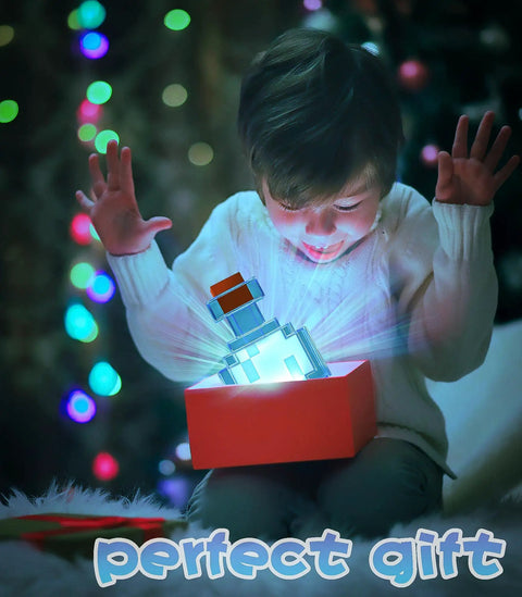 Child opening gift with Color Changing Potion Bottle LED Table Lamp With Shake To Change Colors, 8 Color Modes, room lights.