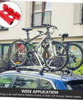 Fork Mount Bracket For Car Roof Racks With Quick Release Easy Install Built Tough And Secure, Ride Ready Bike Carrier Mount with two bicycles on rooftop.