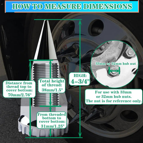 Diagram showing measurements for Twenty Pack 33mm Lug Nut Covers Thread On Four And Three Quarters Inch Spike Style.