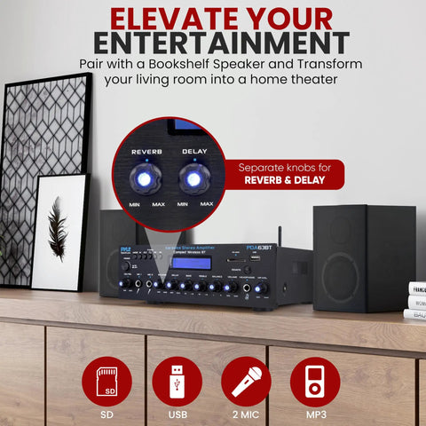 Wireless Bluetooth Stereo Amplifier Multi Channel 200 Watt Power Home Audio Receiver on a shelf with speakers and books.