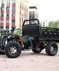 Heavy Duty Utility Trailer With Bucket For Tractor And ATV Use, parked outdoors with all terrain tires and durable steel frame