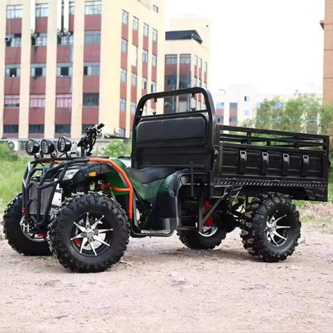 Heavy Duty Utility Trailer With Bucket For Tractor And ATV Use, parked outdoors with all terrain tires and durable steel frame