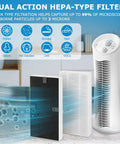 4 Pack FRF102B Replacement Filters For Febreze Air Purifiers with Dual Action HEPA Type filter and air purifier in a room.