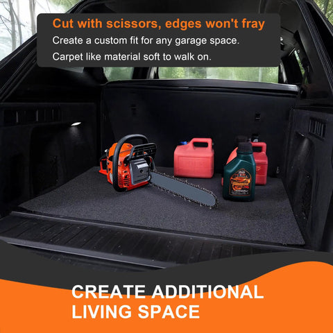 Car trunk with heavy duty oil spill mat, chainsaw, red fuel canisters, and oil bottle inside, showcasing storage use.