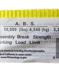 Heavy Duty 2 Inch By 27 Foot Ratchet Tie Down label showing 10000 lbs break strength and 3333 lbs working load, yellow strap