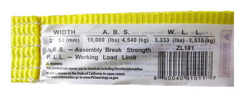 Heavy Duty 2 Inch By 27 Foot Ratchet Tie Down label showing 10000 lbs break strength and 3333 lbs working load, yellow strap