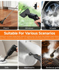 Primiorix 1500W Pressurized Steam Cleaner In Black cleaning various surfaces including floors, windows, and wheels.