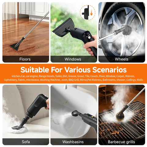 Primiorix 1500W Pressurized Steam Cleaner In Black cleaning various surfaces including floors, windows, and wheels.