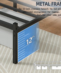 Solid As A Rock Full Size Metal Platform Bed Frame With Headboard And Footboard Featuring Steel Slats For Ultra Comfy Mattress Support No Box Spring Needed Zero Squeaks And Hassle Free Setup In Black showing 12-inch clearance for storage.