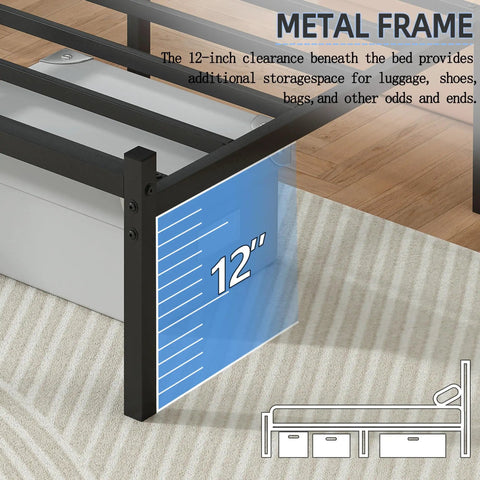 Solid As A Rock Full Size Metal Platform Bed Frame With Headboard And Footboard Featuring Steel Slats For Ultra Comfy Mattress Support No Box Spring Needed Zero Squeaks And Hassle Free Setup In Black showing 12-inch clearance for storage.