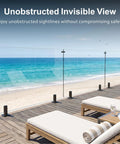 Heavy Duty Six Panel Frameless Tempered Glass Deck Railing Kit With Complete 2205 Stainless Steel Mounting Hardware, outdoor view with glass railing.