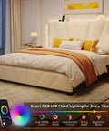 Queen Bed Frame With Smart Led Lights And Dual Usb Ports App Remote Music Sync And Custom Timer For A Lowkey Dreamy Bedroom Setup Solid Noise Free Platform In Cozy Beige with velvet headboard and smart lighting.