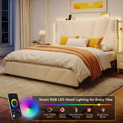 Queen Bed Frame With Smart Led Lights And Dual Usb Ports App Remote Music Sync And Custom Timer For A Lowkey Dreamy Bedroom Setup Solid Noise Free Platform In Cozy Beige with velvet headboard and smart lighting.