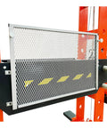 Heavy Duty 150 Ton Industrial Electric Shop Press Featuring Dual Hydraulic Cylinders And Integrated Air Pump front mesh guard close-up view.