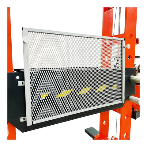 Heavy Duty 150 Ton Industrial Electric Shop Press Featuring Dual Hydraulic Cylinders And Integrated Air Pump front mesh guard close-up view.