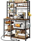 Rustic Brown Baker Rack With Power Outlet Microwave Stand With Storage Large Coffee Bar Station And 14 Hooks Metal Kitchen Shelf For Spices Pots Organizer