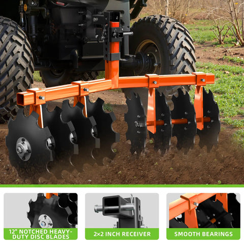 Tow Behind 32 Inch Disc Plow Harrow Attachment For ATV UTV And Garden Tractors Fits 2 Inch Receiver Hitch Orange in field