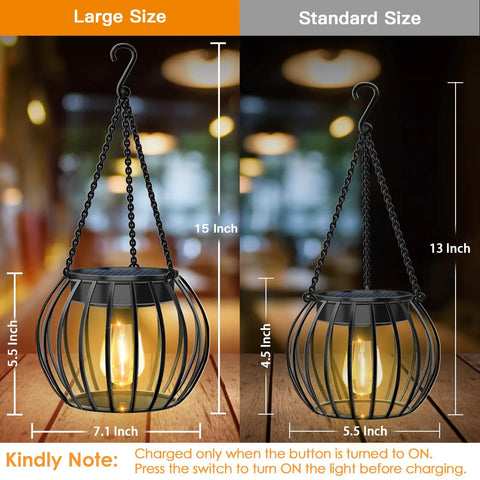 Labeled sizes of Two Pack 15 Inch Outdoor Solar Lantern Lights, Decorative Metal Hanging Lanterns, IP65 Waterproof for Garden Yard and Patio