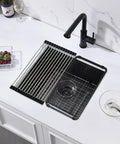 Overhead view of Undermount Kitchen Bar Sink 18 x 16 x 9 Inches Black Stainless Steel Small Bar Prep Sink with accessories in kitchen