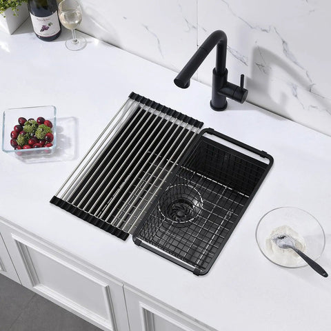 Overhead view of Undermount Kitchen Bar Sink 18 x 16 x 9 Inches Black Stainless Steel Small Bar Prep Sink with accessories in kitchen